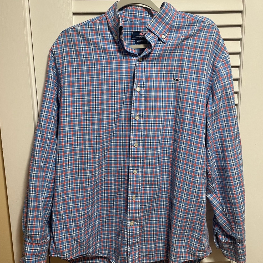 Vineyard Vines Men's Blue and Red Checkered Shirt